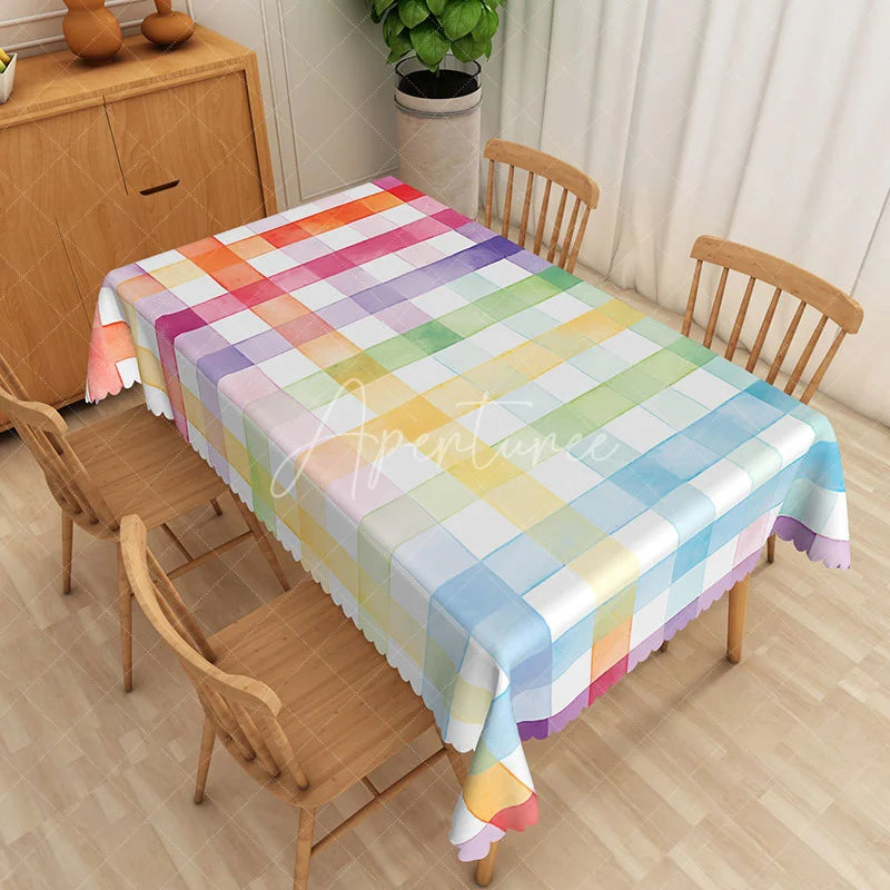 Aperturee - Aperturee Colorful Abstract Rectangle Tablecloth with Faux Scalloped Edge for Fun and Playful Party Decor