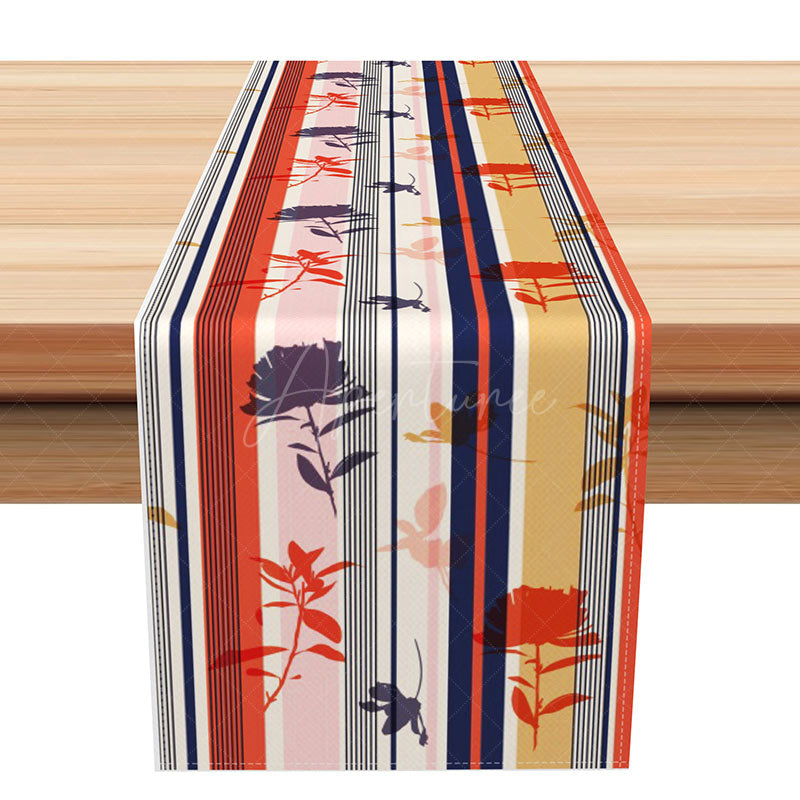 Aperturee - Aperturee Colorful Abstract Table Runner with Stripes and Botanical Plants for Modern Artistic Dining Table