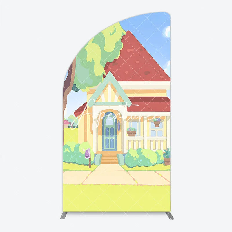 Aperturee - Aperturee Colorful Animated House with Red Roof Yellow Walls Half Moon Arch Backdrop Playful Children’s Birthday Party Decor