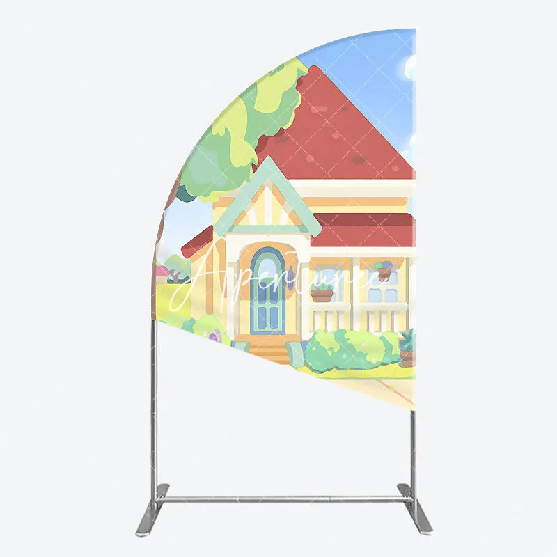 Aperturee - Aperturee Colorful Animated House with Red Roof Yellow Walls Half Moon Arch Backdrop Playful Children’s Birthday Party Decor