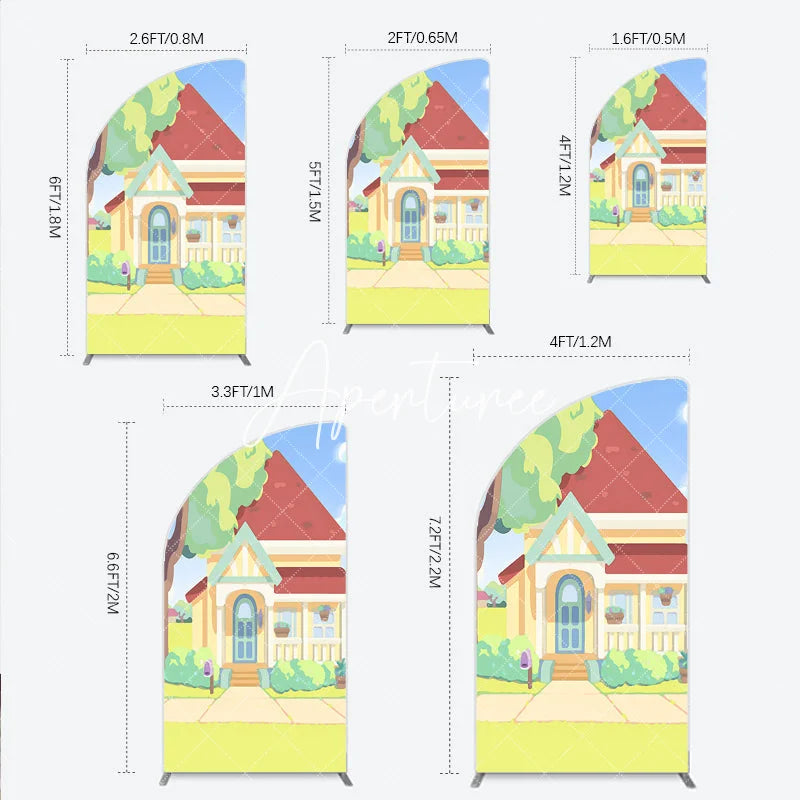 Aperturee - Aperturee Colorful Animated House with Red Roof Yellow Walls Half Moon Arch Backdrop Playful Children’s Birthday Party Decor