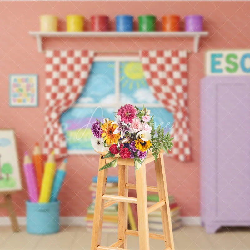 Aperturee - Aperturee Colorful Art Classroom Back To School Backdrop Purple Cabinet Easel Window Background Student Photography Prop