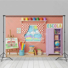 Aperturee - Aperturee Colorful Art Classroom Back To School Backdrop Purple Cabinet Easel Window Background Student Photography Prop