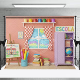 Aperturee - Aperturee Colorful Art Classroom Back To School Backdrop Purple Cabinet Easel Window Background Student Photography Prop