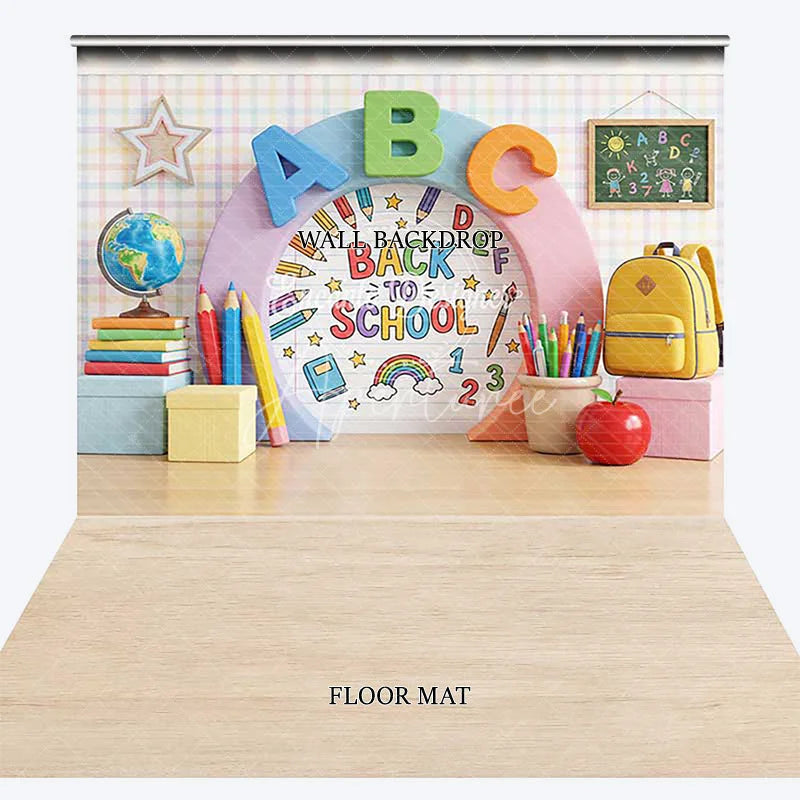 Aperturee - Aperturee Colorful Back to School ABC Combo Set Backdrop featuring Globe Books and Pencils for Classroom Decor