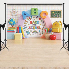 Aperturee - Aperturee Colorful Back to School ABC Combo Set Backdrop featuring Globe Books and Pencils for Classroom Decor