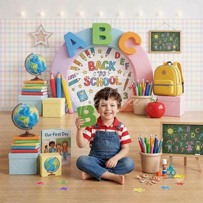Aperturee - Aperturee Colorful Back to School ABC Combo Set Backdrop featuring Globe Books and Pencils for Classroom Decor