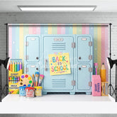 Aperturee - Aperturee Colorful Back to School Photography Backdrop Pastel Rainbow with School Lockers and Art Supplies for Kids