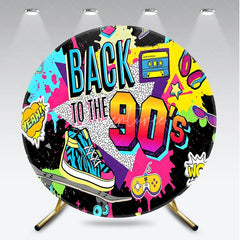 Aperturee - Aperturee Colorful Back to the 90s Round Backdrop with Skateboard Cassette and Neon Elements Retro Party Decor