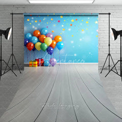 Aperturee - Aperturee Colorful Balloons and Stars Blue Wall Sweep Backdrop with Gift Boxes Wooden Floor for Birthday Party