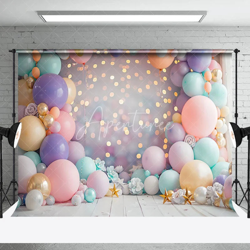 Aperturee - Aperturee Colorful Balloons Arch Gold Bokeh Cake Smash Backdrop