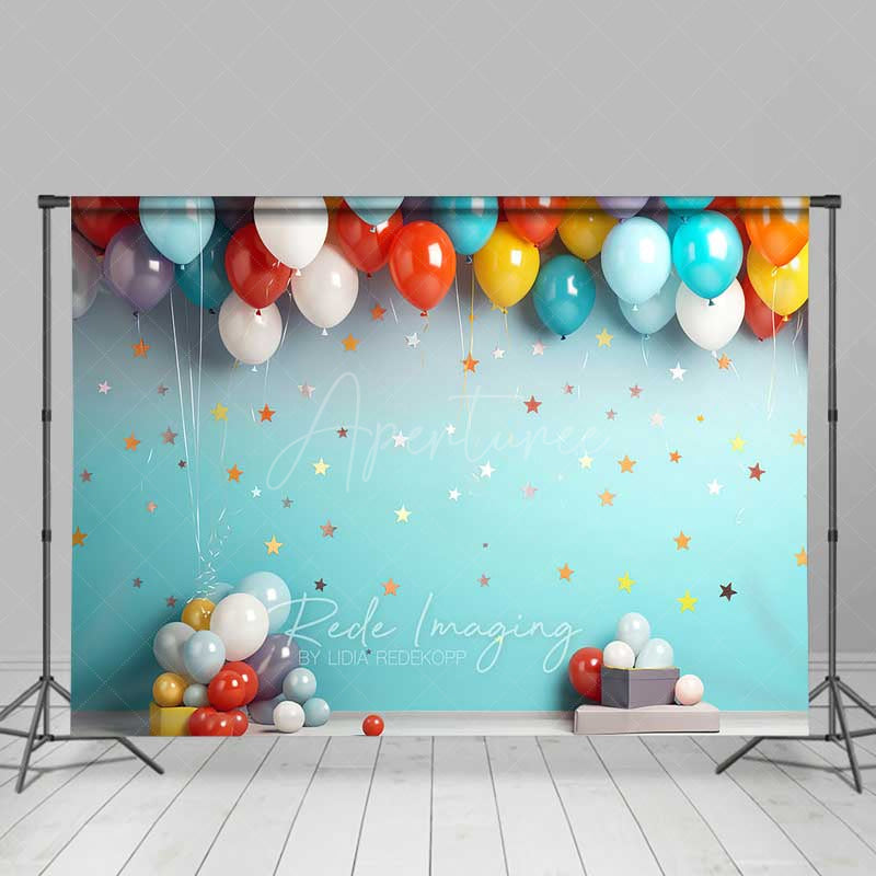 Aperturee Aperturee Colorful Balloons Cake Smash Photography Backdrop Teal Wall with Stars First Birthday Party Studio Photo Prop