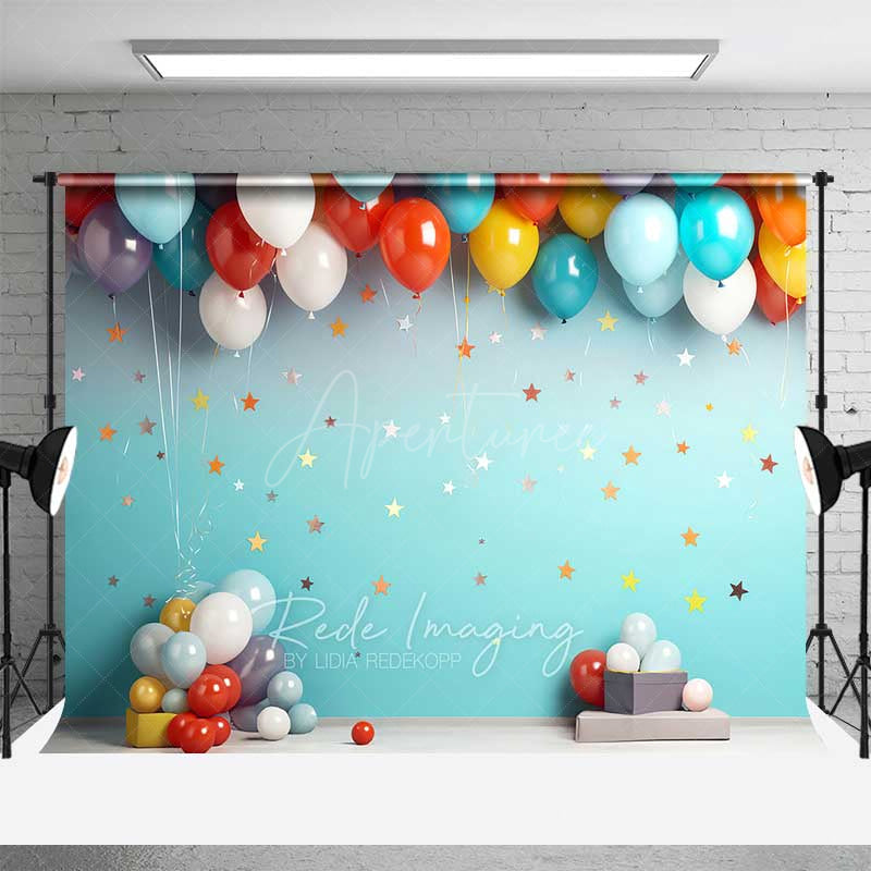 Aperturee Aperturee Colorful Balloons Cake Smash Photography Backdrop Teal Wall with Stars First Birthday Party Studio Photo Prop