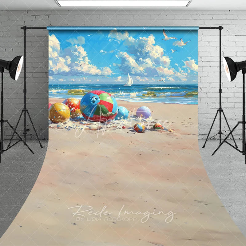Aperturee - Aperturee Colorful Beach Balls Summer Photography Backdrop Ocean Waves and Sand Sweep Portrait Studio Background