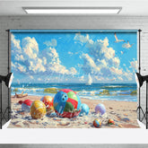 Aperturee - Aperturee Colorful Beach Balls Summer Photography Backdrop Ocean Waves Sailboats and Seagulls Background