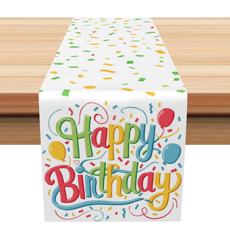 Aperturee - Aperturee Colorful Birthday Table Runner with Ribbons and Balloons Print Festive Party Supplies for Kids Table Decor