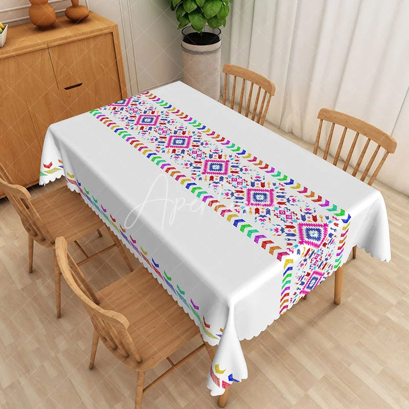 Aperturee - Aperturee Colorful Boho Aztec Geometric Rectangle Tablecloth Vibrant Tribal Mexican Fiesta Dining Table Cover for Party