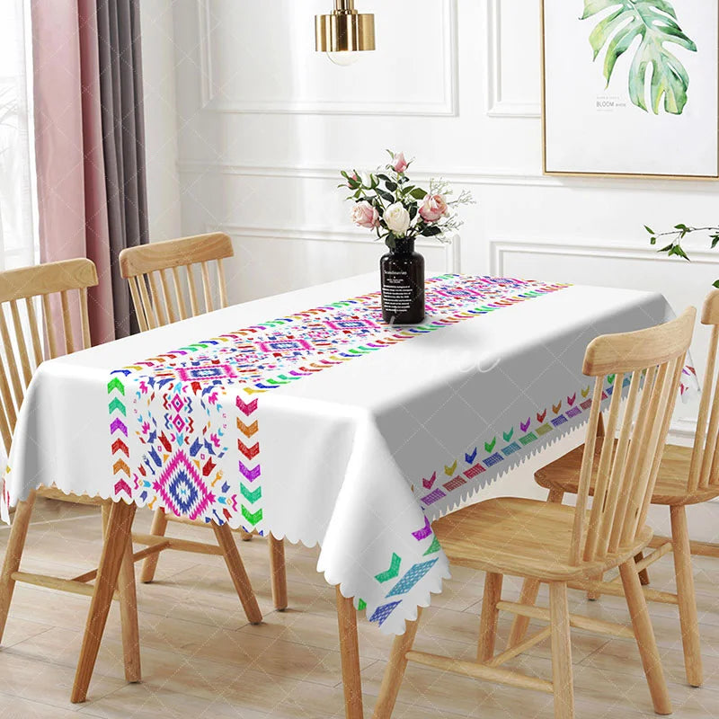 Aperturee - Aperturee Colorful Boho Aztec Geometric Rectangle Tablecloth Vibrant Tribal Mexican Fiesta Dining Table Cover for Party