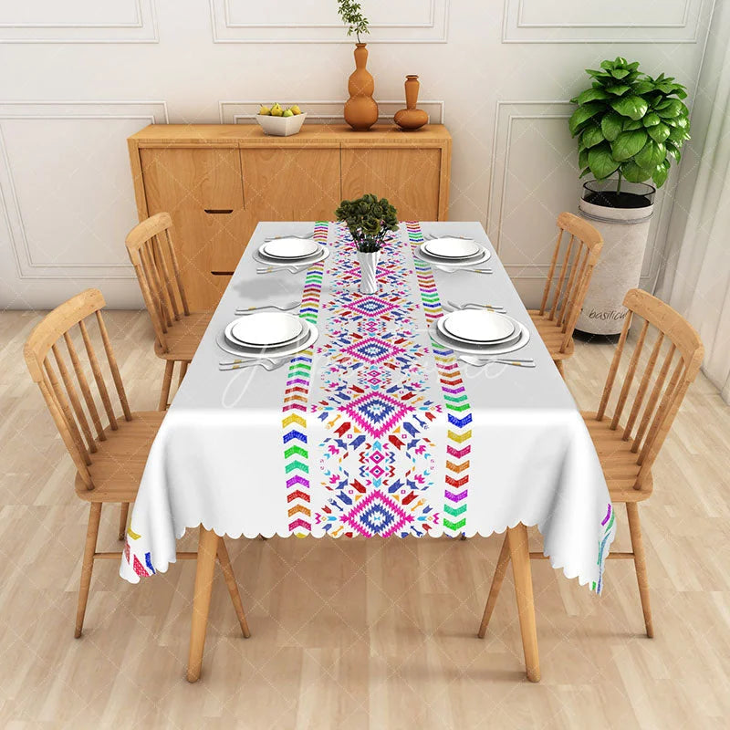 Aperturee - Aperturee Colorful Boho Aztec Geometric Rectangle Tablecloth Vibrant Tribal Mexican Fiesta Dining Table Cover for Party
