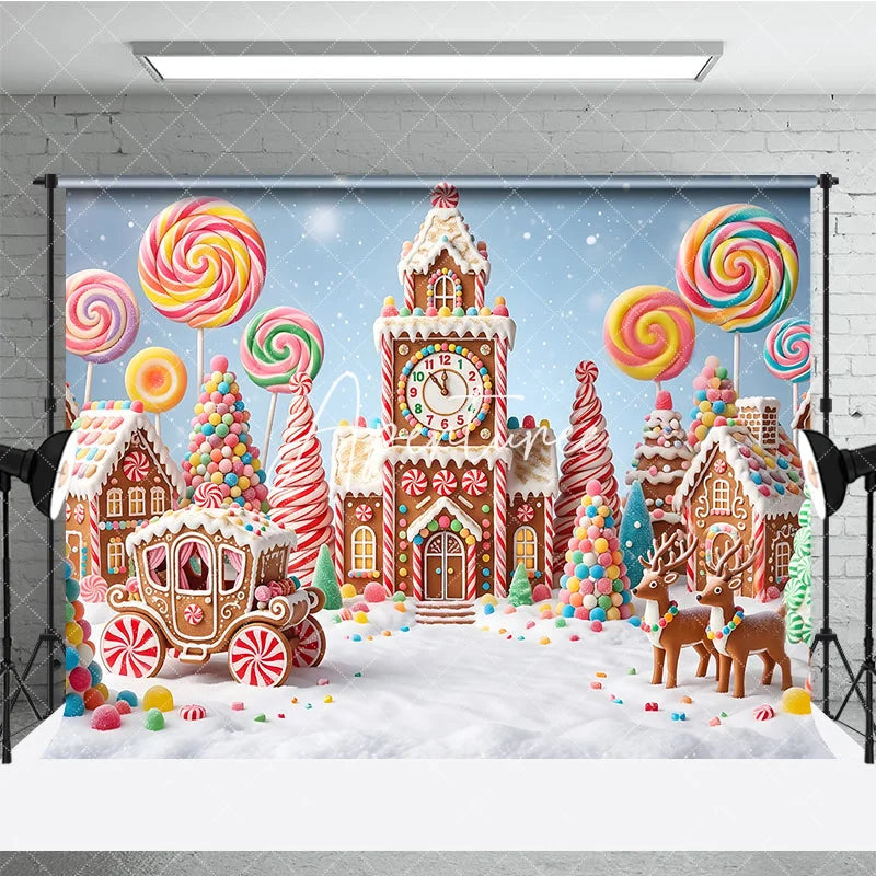 Aperturee - Aperturee Colorful Candy Land Gingerbread Village Photography Backdrop Sweet Lollipops and Reindeer for Christmas Winter Holiday