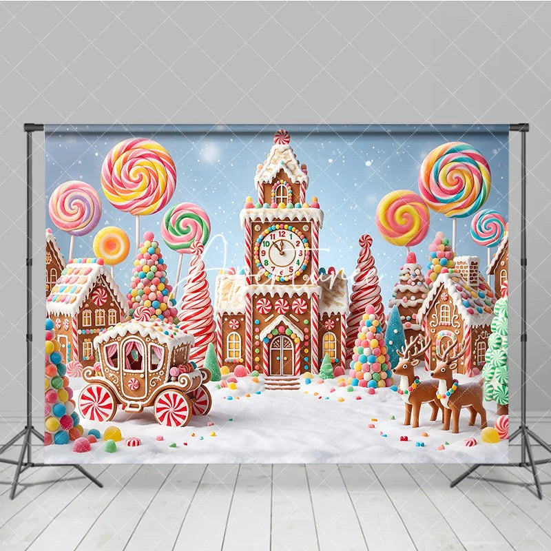 Aperturee - Aperturee Colorful Candy Land Gingerbread Village Photography Backdrop Sweet Lollipops and Reindeer for Christmas Winter Holiday