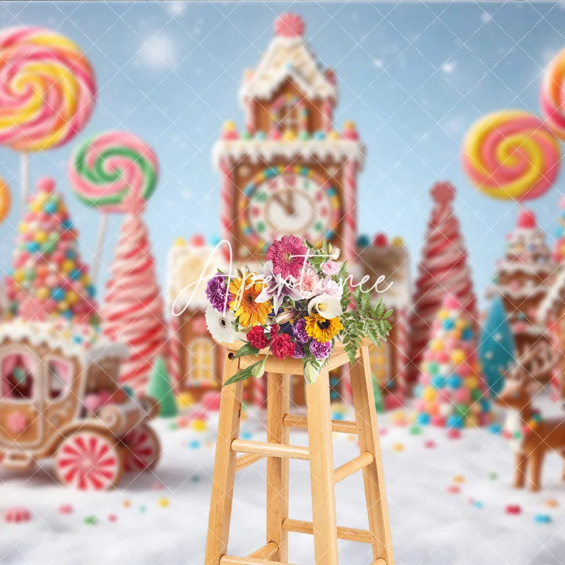 Aperturee - Aperturee Colorful Candy Land Gingerbread Village Photography Backdrop Sweet Lollipops and Reindeer for Christmas Winter Holiday