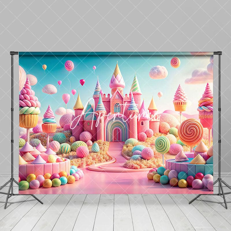 Aperturee - Aperturee Colorful Candyland Castle Cake Smash Photo Backdrop