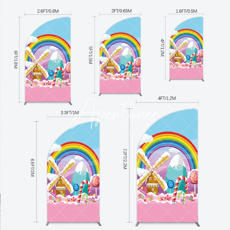 Aperturee - Aperturee Colorful Cartoon Candy Land Rainbow Windmill Half Moon Arch Backdrop Sweet Theme Birthday Party Decor