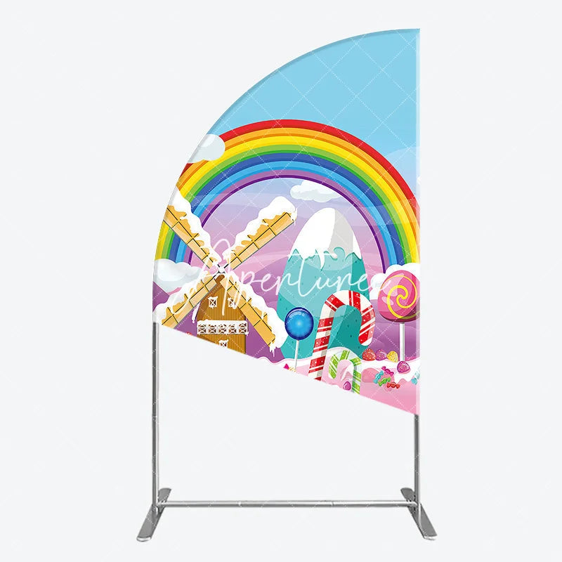 Aperturee - Aperturee Colorful Cartoon Candy Land Rainbow Windmill Half Moon Arch Backdrop Sweet Theme Birthday Party Decor
