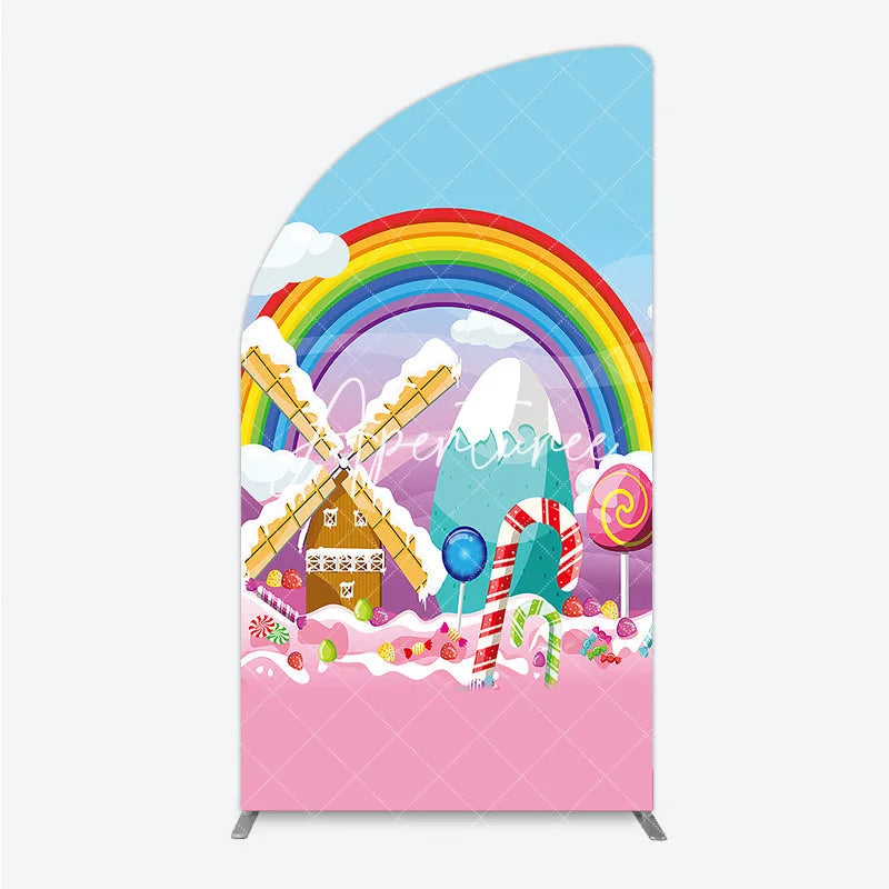 Aperturee - Aperturee Colorful Cartoon Candy Land Rainbow Windmill Half Moon Arch Backdrop Sweet Theme Birthday Party Decor