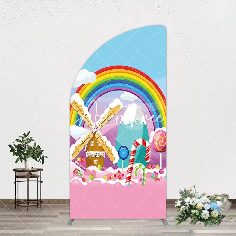 Aperturee - Aperturee Colorful Cartoon Candy Land Rainbow Windmill Half Moon Arch Backdrop Sweet Theme Birthday Party Decor
