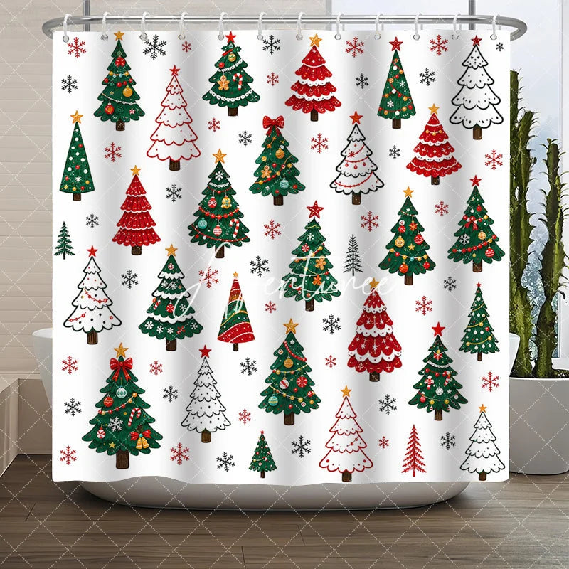 Aperturee - Aperturee Colorful Cartoon Christmas Tree and Snowflake Pattern Shower Curtain Festive Winter Holiday Bathroom Decor