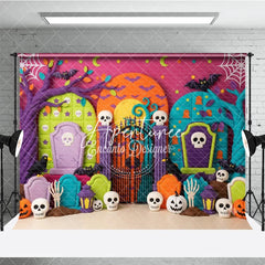 Aperturee - Aperturee Colorful Cartoon Halloween Graveyard Photography Backdrop with Spooky Trees Skulls and Pumpkins