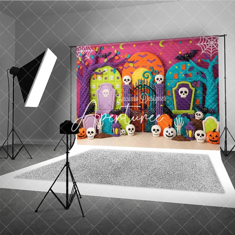 Aperturee - Aperturee Colorful Cartoon Halloween Graveyard Photography Backdrop with Spooky Trees Skulls and Pumpkins
