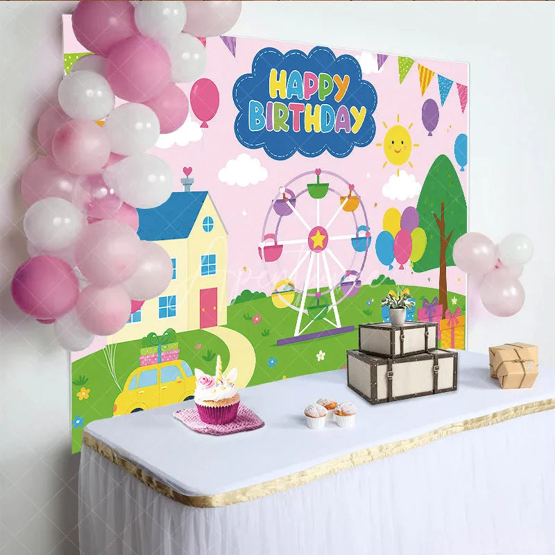 Aperturee - Aperturee Colorful Cartoon Happy Birthday Ferris Wheel Backdrop Whimsical House Car Balloons Kids Party Decor