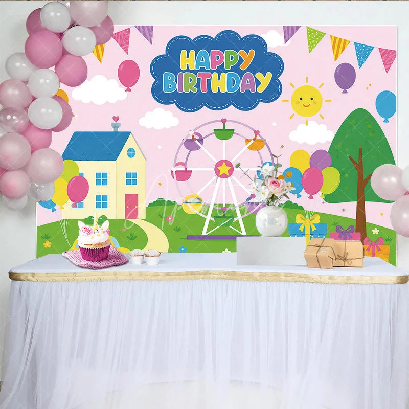 Aperturee - Aperturee Colorful Cartoon Happy Birthday Ferris Wheel Backdrop Whimsical House Car Balloons Kids Party Decor