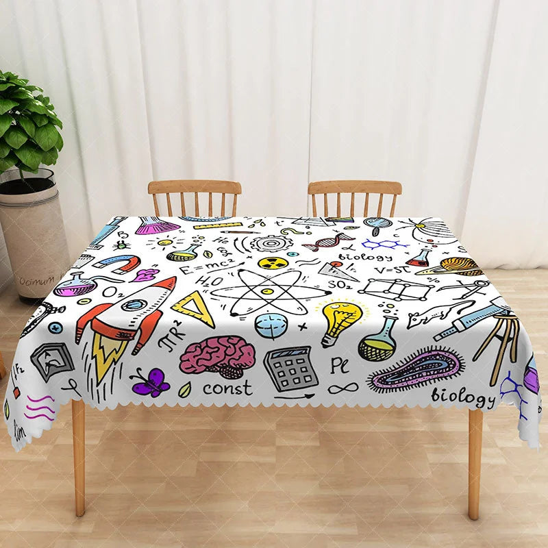 Aperturee - Aperturee Colorful Cartoon Science Tablecloth with Chemistry and Physics Doodles for Kids School or Lab Party