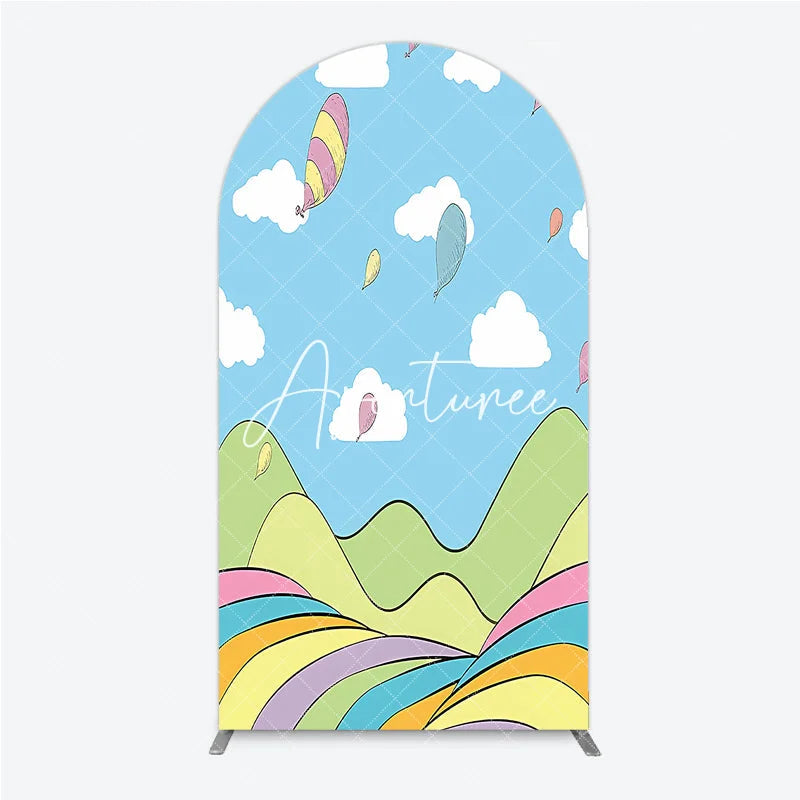Aperturee - Aperturee Colorful Cartoon Sky with Floating Balloons and Whimsical Hills Round Top Arch Backdrop for Kids Birthday Party