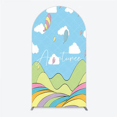 Aperturee - Aperturee Colorful Cartoon Sky with Floating Balloons and Whimsical Hills Round Top Arch Backdrop for Kids Birthday Party