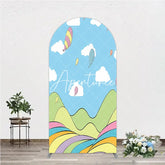 Aperturee - Aperturee Colorful Cartoon Sky with Floating Balloons and Whimsical Hills Round Top Arch Backdrop for Kids Birthday Party