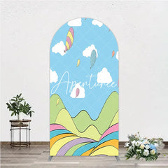 Aperturee - Aperturee Colorful Cartoon Sky with Floating Balloons and Whimsical Hills Round Top Arch Backdrop for Kids Birthday Party