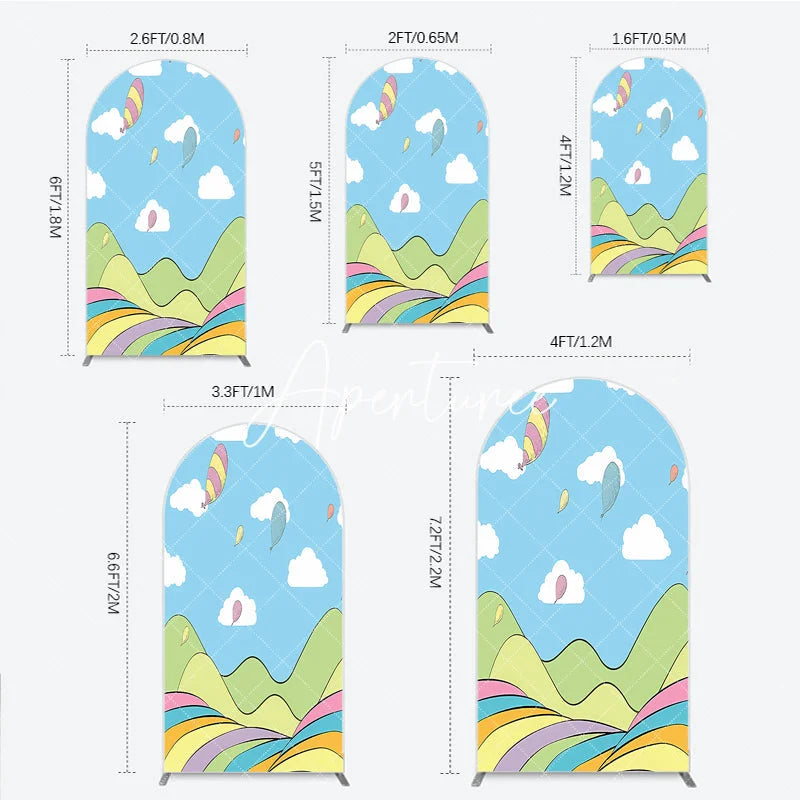 Aperturee - Aperturee Colorful Cartoon Sky with Floating Balloons and Whimsical Hills Round Top Arch Backdrop for Kids Birthday Party