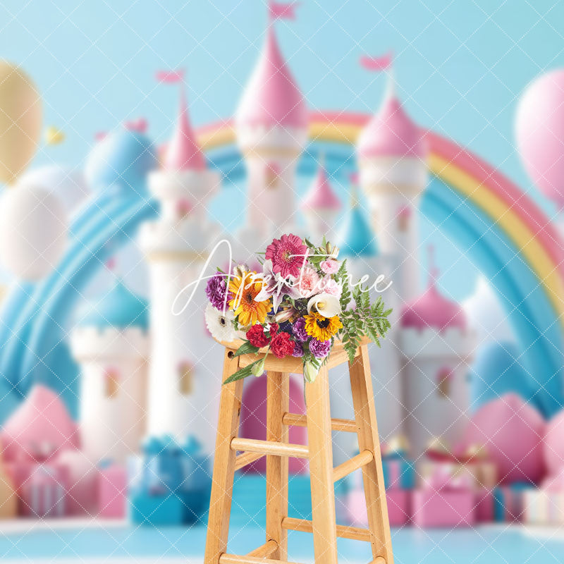 Aperturee - Aperturee Colorful Castle Balloons Gifts Cake Smash Backdrop