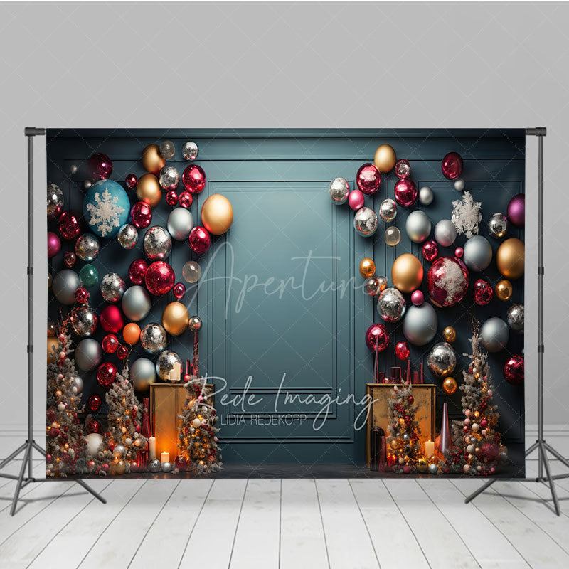 Aperturee - Aperturee Colorful Christmas Ornament Wall Photography Backdrop Elegant Teal Background Modern Holiday Party Photo Booth