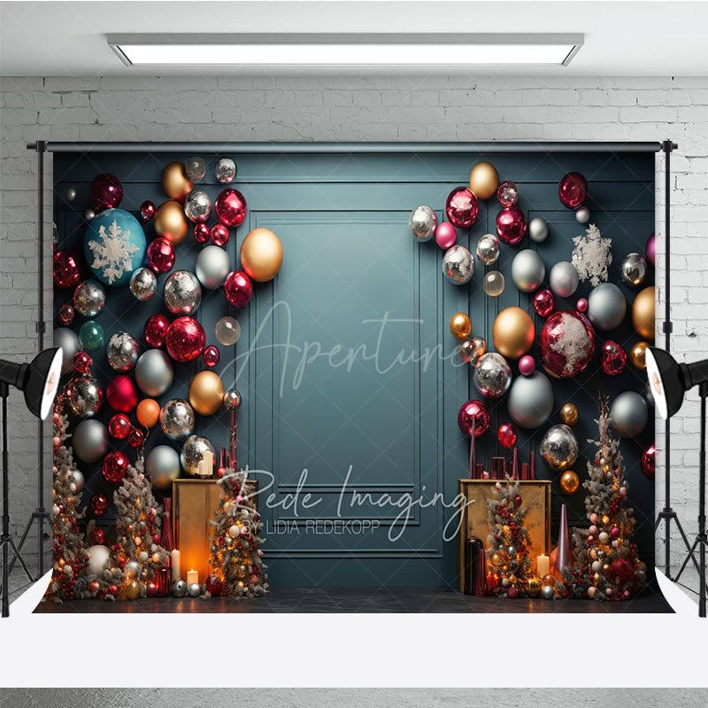 Aperturee - Aperturee Colorful Christmas Ornament Wall Photography Backdrop Elegant Teal Background Modern Holiday Party Photo Booth