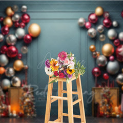 Aperturee - Aperturee Colorful Christmas Ornament Wall Photography Backdrop Elegant Teal Background Modern Holiday Party Photo Booth