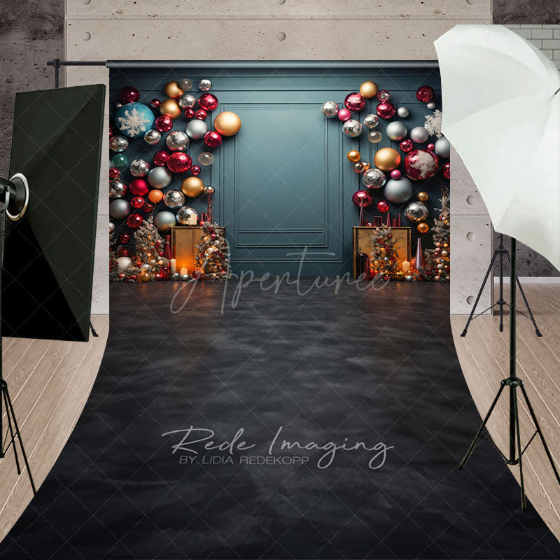 Aperturee - Aperturee Colorful Christmas Ornament Wall Sweep Backdrop Elegant Teal Background Modern Holiday Party Photo Floor Drop