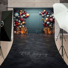 Aperturee - Aperturee Colorful Christmas Ornament Wall Sweep Backdrop Elegant Teal Background Modern Holiday Party Photo Floor Drop