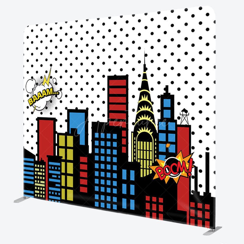 Aperturee - Aperturee Colorful City Buildings Party Square Tension Backdrop