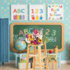 Aperturee - Aperturee Colorful Classroom Back to School Photography Backdrop ABC 123 Chalkboard Polka Dot Wall and School Supplies for Kids